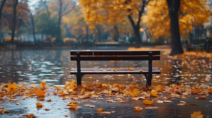 tranquil park in autumn where golden leaves crunch underfoot, and a winding path leads to a quiet wooden bench, Generative AI