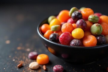 A colorful assortment of Halloween candy in a spooky bowl , spooky, top view, party