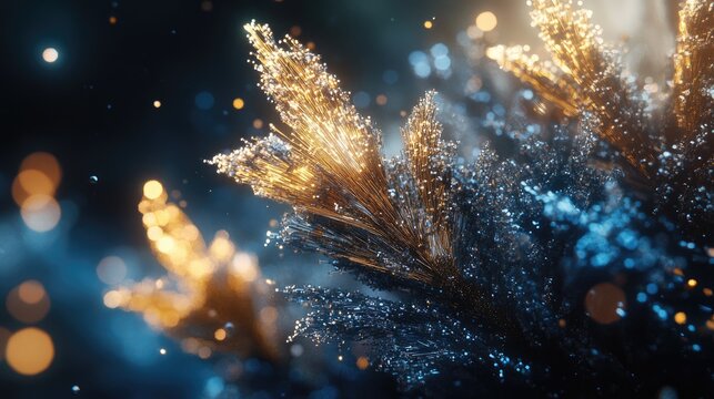 Glowing metallic plumes in gold and silver, suspended in dark space with bokeh - Powered by Adobe