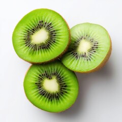 Fototapeta premium Diagonally sliced fresh kiwi, vibrant green and seeds visible, placed on white background