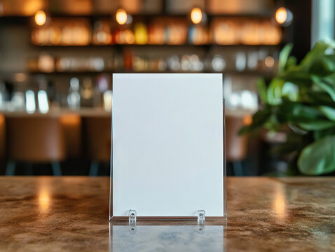 Blank menu label on wooden table in cozy cafe with blurred background, warm lighting, and plant nearby
