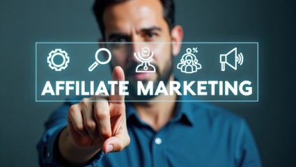 Person touching a digital display showing affiliate marketing.