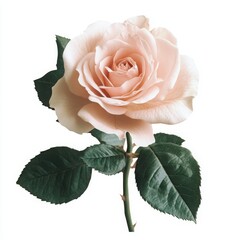 Pale pink rose with green leaves on a white background