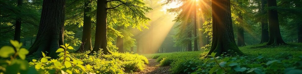 Lush green fir trees bathed in the warm summer sun, vibrant foliage, dappled light filtering through branches A peaceful summer scene in a coniferous forest , nature, serenity