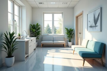 Fototapeta premium Modern, clean doctor's office waiting room with comfortable seating and natural light , sterile, healthcare