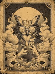 Intriguing owl illustration with aged paper texture.
