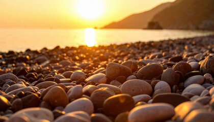 Obraz premium pebble beach illuminated by the sunset