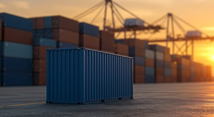 Blue shipping container isolated in a port logistics center with sunset backdrop