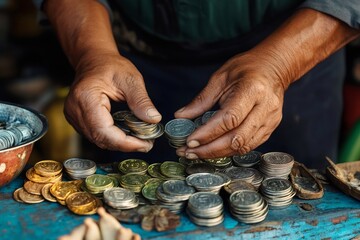 Street vendor counting coins at market stall