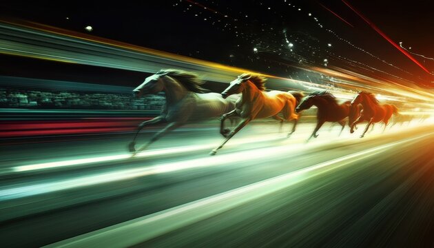 Stado koni pędzących z dużą prędkością na tle rozmytego miejskiego krajobrazu nocą.