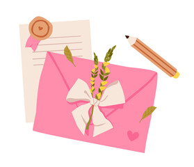 Romantic flat vector illustration of a decorative envelope with flower and ribbon. Floral envelope with bouquet elements in soft pastel style. Greeting cards, invitations, or romantic mail concepts.