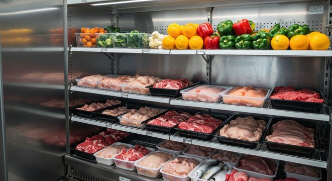 Fresh raw meats and produce display case