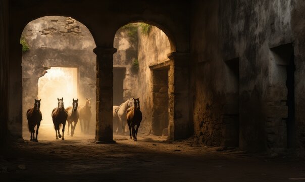 Stado koni biegnących przez starożytne arkady w złotym świetle słonecznym, tworząc dynamiczną scenę.