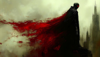 Dark figure with bright red cloak stands before a hazy, gothic skyline under an ominous sky