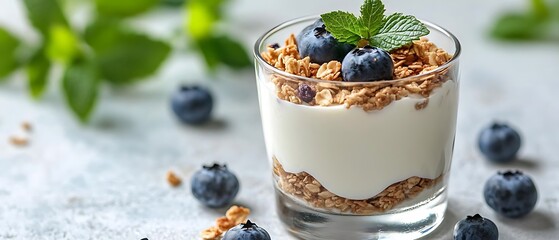 Yogurt parfait with granola, blueberries. Healthy breakfast