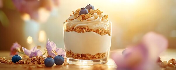 Yogurt parfait breakfast, spring flowers