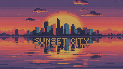 Pixelated city skyline against a vibrant sunset over calm waters