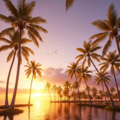 Fototapeta premium Golden Sunset Over Tropical Beach with Palm Trees
