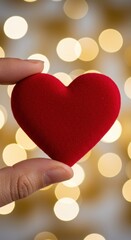 Hand holding red heart bokeh background