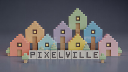 Pixelated mini houses in pastels playful voxel display