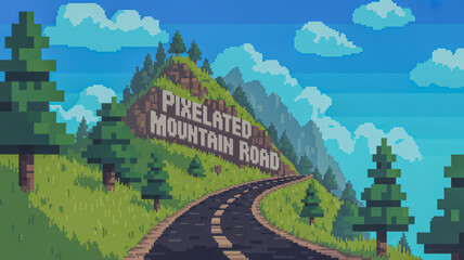 Pixelated mountain road retro pixel art landscape