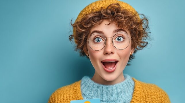Happy young woman holding credit card against soft blue gradient, great for fintech advertising