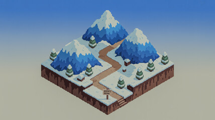 Pixelated scenic winter landscape isometric snowy mountains