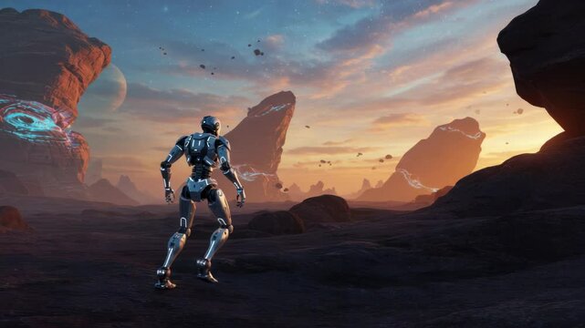 Robot exploring alien landscape sunset