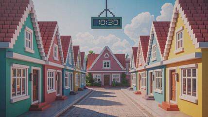 Pixelated street of cheerful gabled houses charming neighborhood