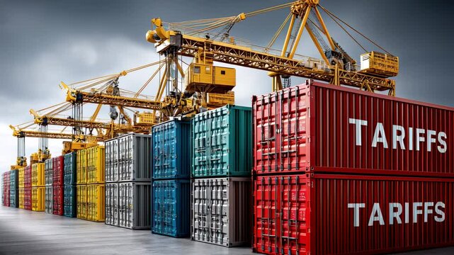 Cargo containers stacked in shipping yard with cranes in port under cloudy sky, highlighting trade tariffs and crisis