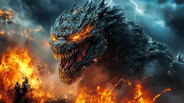 Epic Battle Scene: Giant Monster Facing Knights in a Fiery Landscape with Dramatic Lightning and Stormy Skies