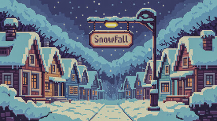 Pixelated winter town with snow-covered rooftops retro game style
