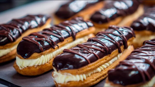 Delicious chocolate eclairs closeup