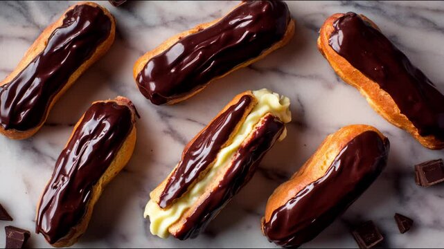 Delicious chocolate eclairs displayed