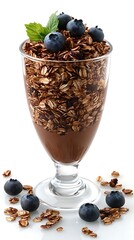 Chocolate granola parfait, blueberries, healthy breakfast