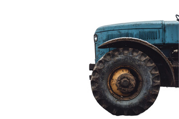 Close-up of a vintage tractor's front wheel and hood. Mud-caked tires and weathered paint