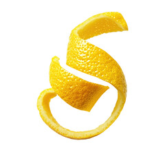 A twisted lemon peel garnish with a slightly curled shape on isolated transparent background