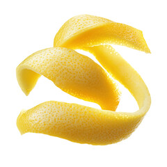 A twisted lemon peel garnish with a slightly curled shape on isolated transparent background