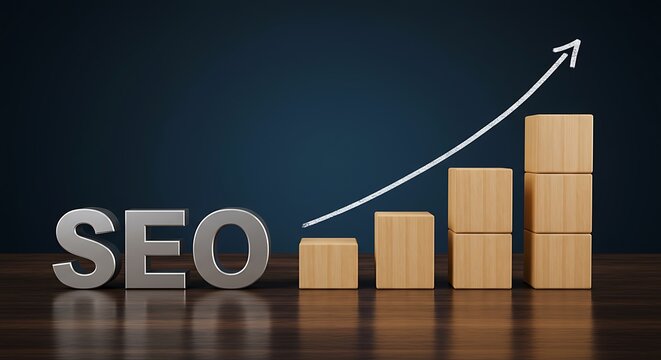 Conceptual seo success growth illustrated with bar graph and rising white arrow on dark backdrop