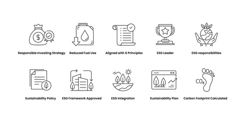 ESG Strategy and Sustainability. Icons for Long-Term ESG Goals, Sustainable Development, Resource Management, and ESG Framework