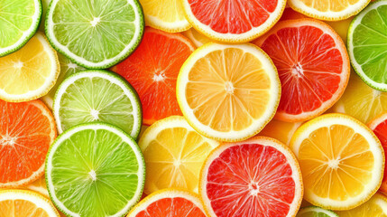 Obraz premium Vibrant citrus fruit slices in seamless pattern – colorful lemon, lime, orange, and grapefruit cross sections on white background for summer food, healthy diet, vegan ingredients, natural texture