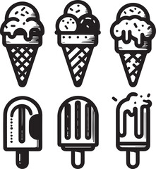 Black and White Ice Cream and Popsicle Line Art Icons – Minimalist Vector Set