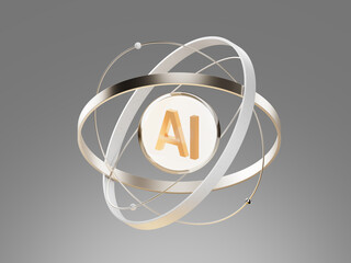 3D render of an atom-shaped structure with "AI" core, symbolizing artificial intelligence, neural networks, and data systems. Suitable for futuristic tech, machine learning, or digital research visual