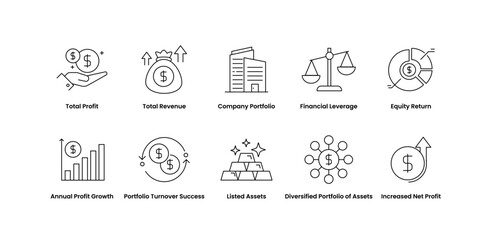 Investment Portfolio and Returns. Icons for Asset Diversification, Financial Performance, and Return on Equity