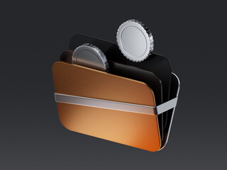 3D render of a digital wallet or cardholder icon with inserted coins and cards, symbolizing finance, savings, and payment storage in digital environments.