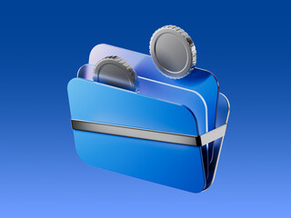 3D render of a digital wallet or cardholder icon with inserted coins and cards, symbolizing finance, savings, and payment storage in digital environments.