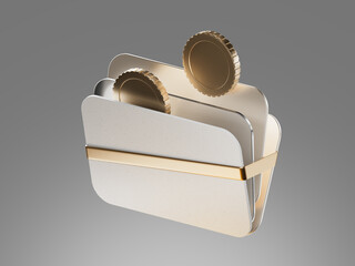 3D render of a digital wallet or cardholder icon with inserted coins and cards, symbolizing finance, savings, and payment storage in digital environments.