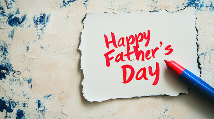 Torn edge and black border add texture to "Happy Father's Day" written in red marker on white paper, isolated against a light brown background for a warm and rustic Father's Day visual.