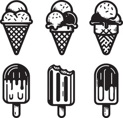 Black and White Ice Cream and Popsicle Line Art Icons – Minimalist Vector Set