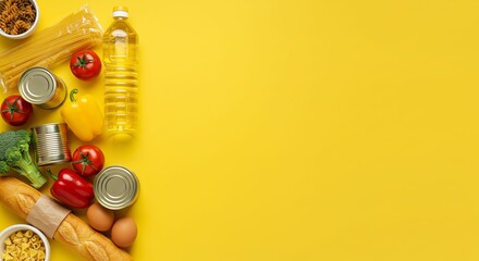 Food Donation Concept with Vegetables, Pasta, and Canned Goods